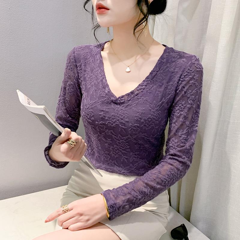 

Кружевной топ для женщин на весну и осень, новая сексуальная футболка с V-образным вырезом и длинными рукавами, облегающая рубашка с внутренней сетчатой основой M фиолетовый
