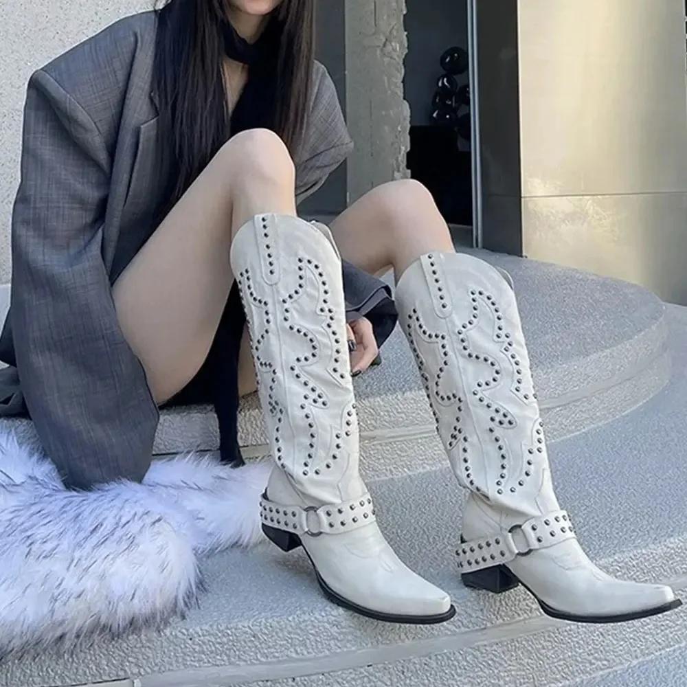 Fashion 2025 Big Size 42 Retro Maillard Style Brown Cowboy Boots Women Punk Rivets Chunky Heels Knee High Western Motorcycle Boots Shoes