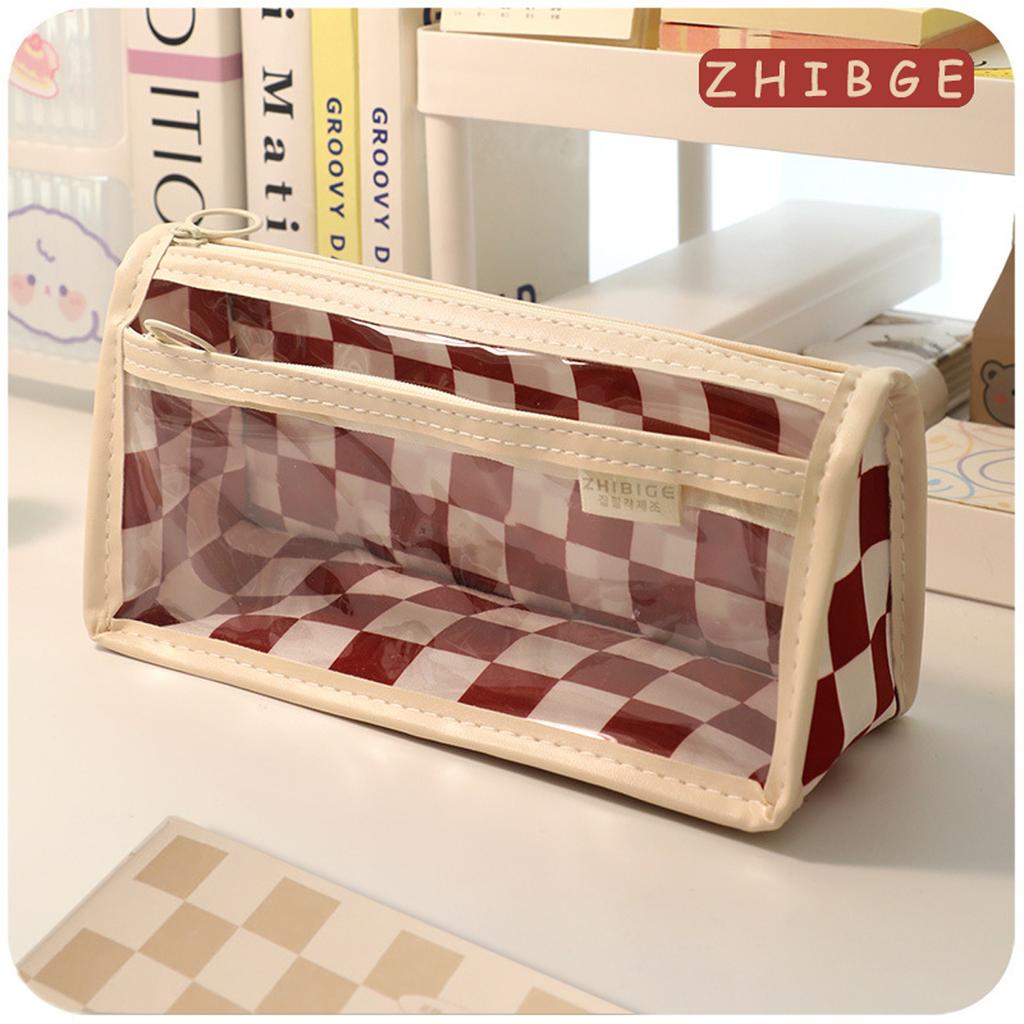 Checkerboard Kawaii Pencil Case Bags Large Capacity Transparent Pen Pouch Korean Stationery School Office Supplies for Student