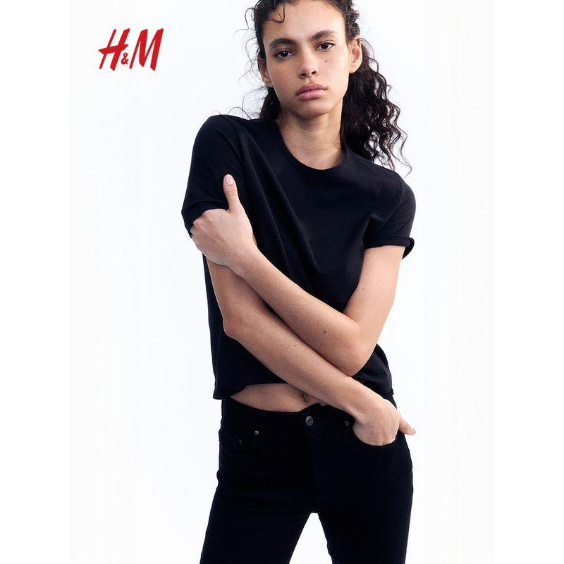 

HM Women s T-shirt 2025 Summer New round Neck Minimalist Plaid Cotton Jersey Short-Sleeved Casual Top 1261292 Black 175/128(2XL)