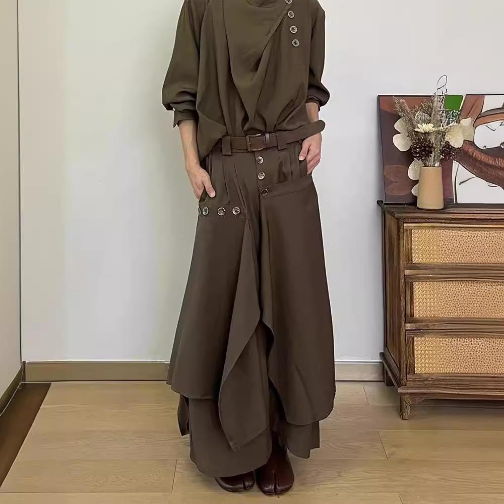 Men's Premium Japanese Nine-Point Wide-Leg Skirt Pants with Irregular Buttons