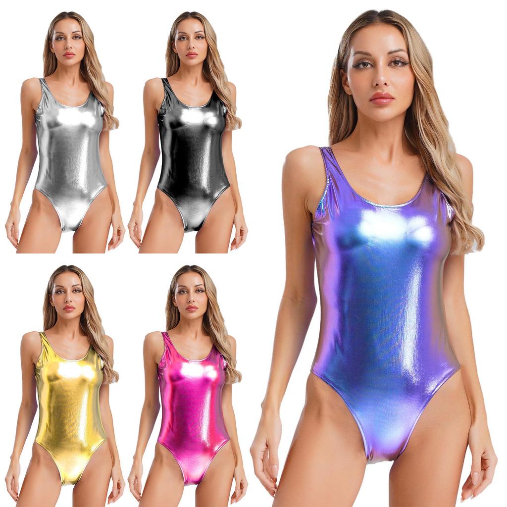 Dámské lesklé metalické body bez rukávů S-3XL - Taneční jógové gymnastické trikotové body Jumpsuit pro pódiové vystoupení Rave kostým