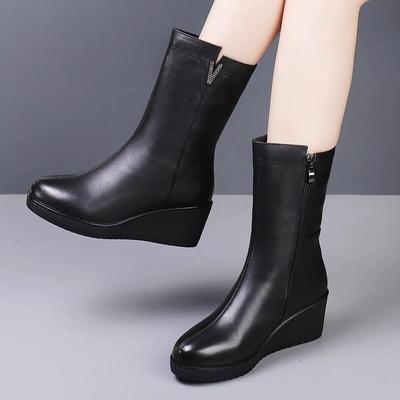 Black Rhinestone Leather Middle Heel Mid Calf Shoes Woman Autumn Winter Fleece-Lined Fashion 2025 Hot Half High Boots for Women
