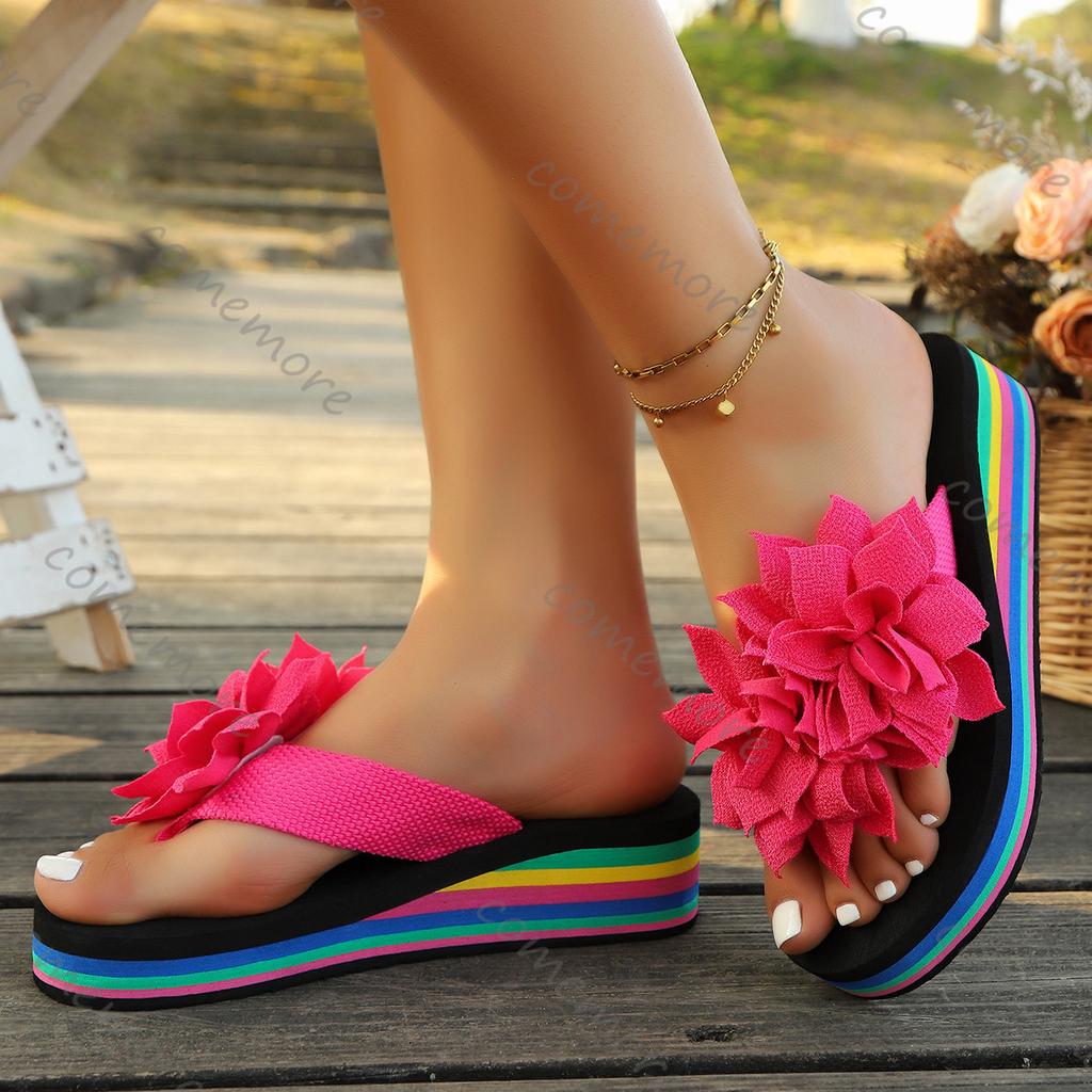 Fashion Comemore Flower Decor Wedge Flip Flops Women 2025 Summer Rainbow Thick Bottom Beach Slippers Woman Light Platform Slides Sandals