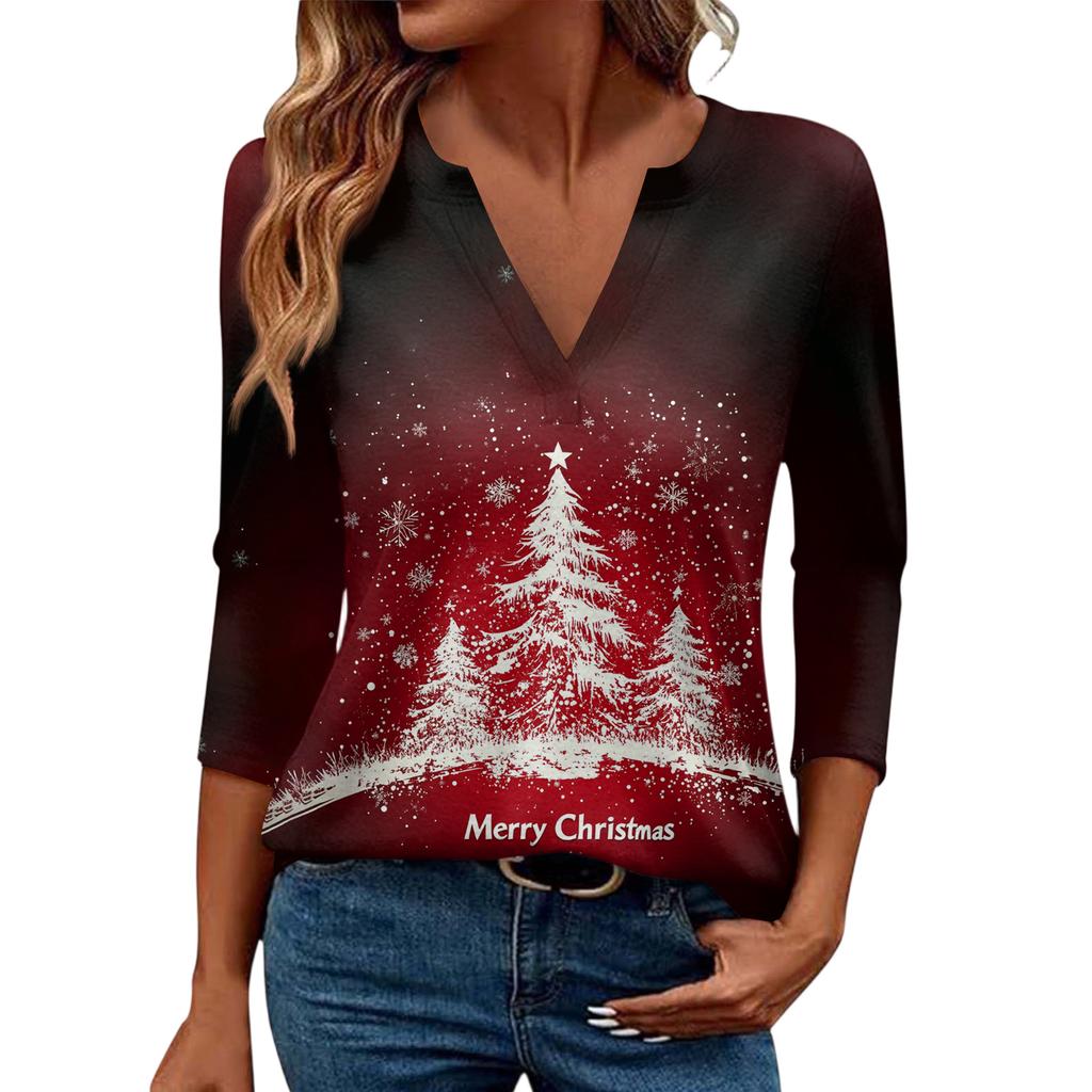 Women's Casual Fashionable Sexy Comfortable V-Neck Christmas Three-Quarter Sleeve Top