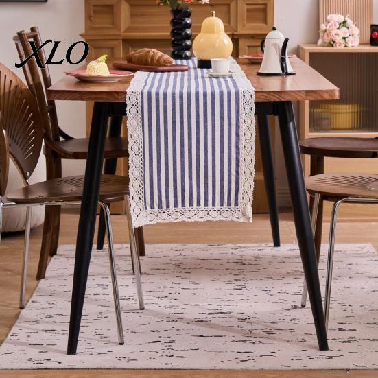 Striped Table Runner Runner, Lace Trim Cotton Linen Long Rustic Farmhouse for Home Dining Decor Decorative