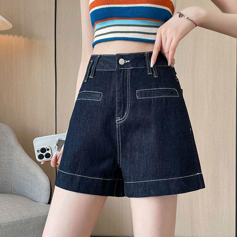Women s Denim High-Waist Wide-Leg Shorts - Plus Size, Contrast Stitch, Loose Fit, A-line, Summer M for 50-55 kg