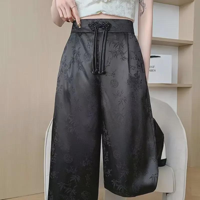 2024 Spring/Summer Women's High-Waisted Chinese Satin Jacquard Wide-Leg Pants