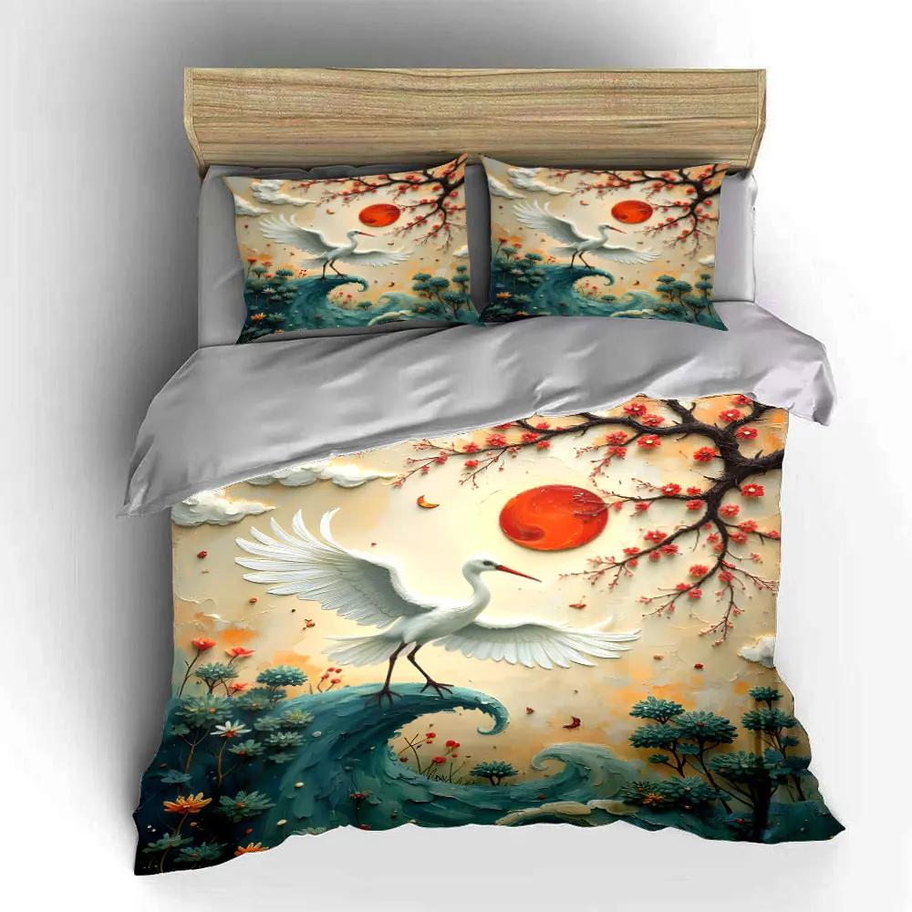 Kran Sonnenuntergang Dekoratives Kunst-Set Weiche Bequeme Bettbezug Bettwäsche-Set Enthalten 1*Bettbezug & 2*Kissenbezüge Geschenk