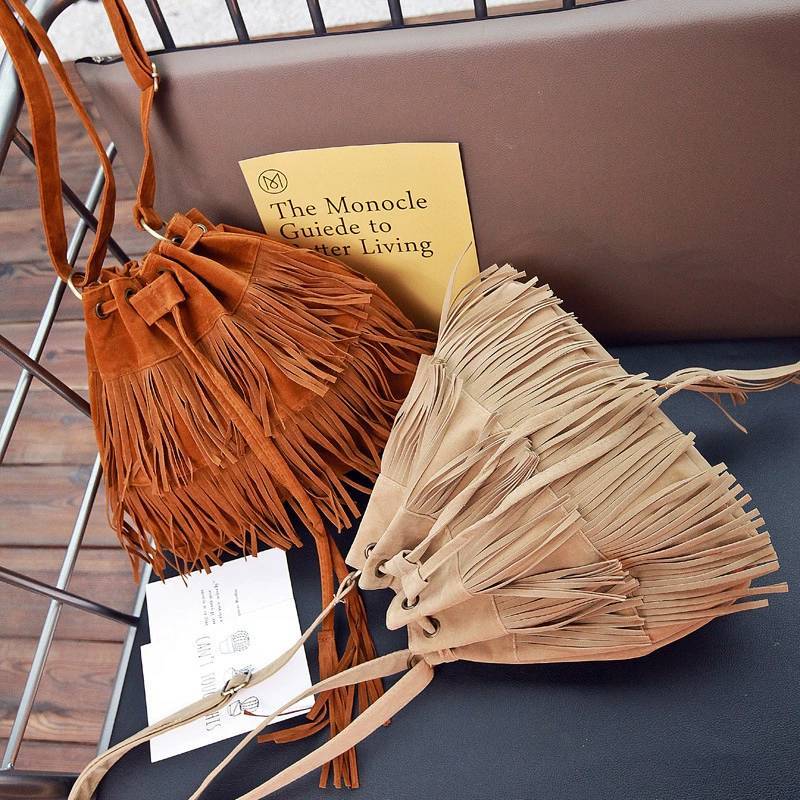 Pu Material Fringe Water Bucket Shoulder Bag With Zipper Pocket For Women