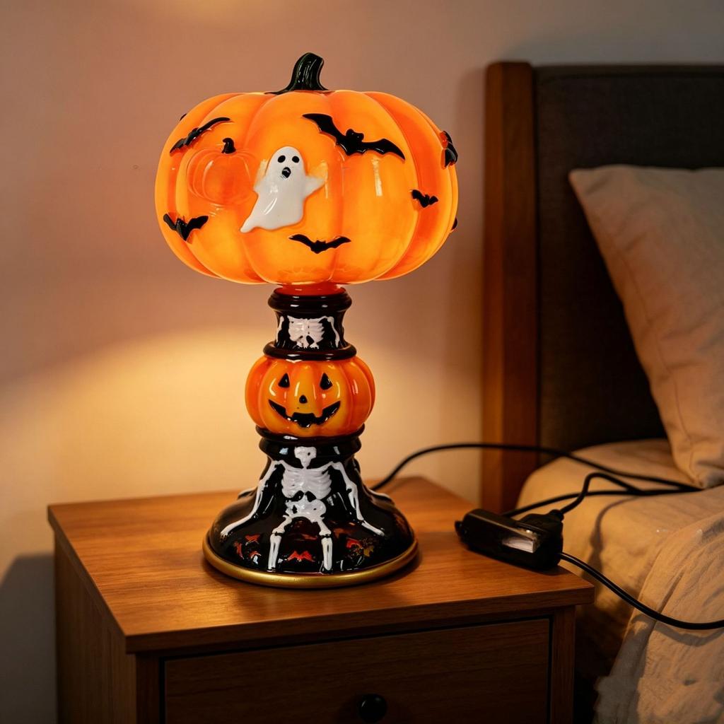 Halloween Glowing Ghost Bat Pumpkin Table Lamp Resin Craft Creative Home Decor Ornament for Spooky Party Bedroom Desktop