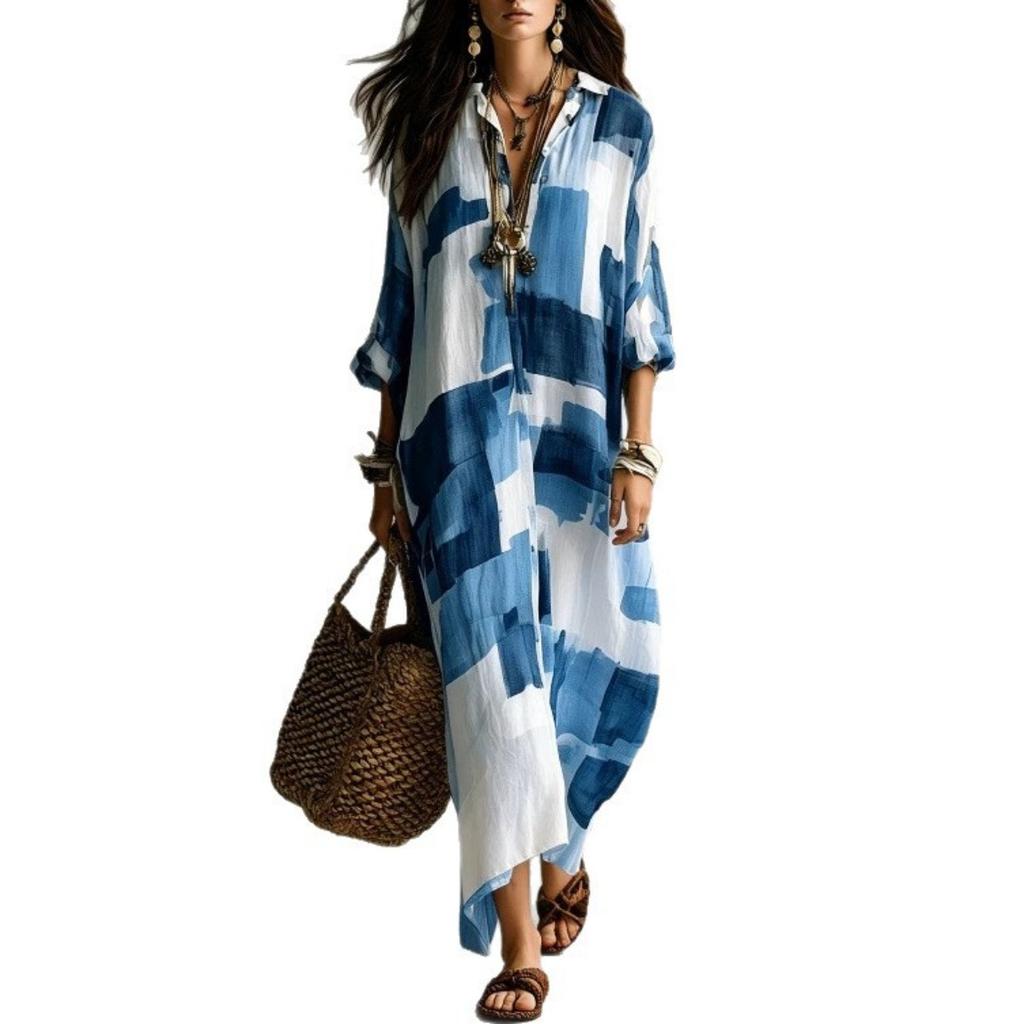 Summer New Women's Long Maxi Dress, Casual Vacation Style Print Button Lapel Long Sleeve Dress, European American Fashion