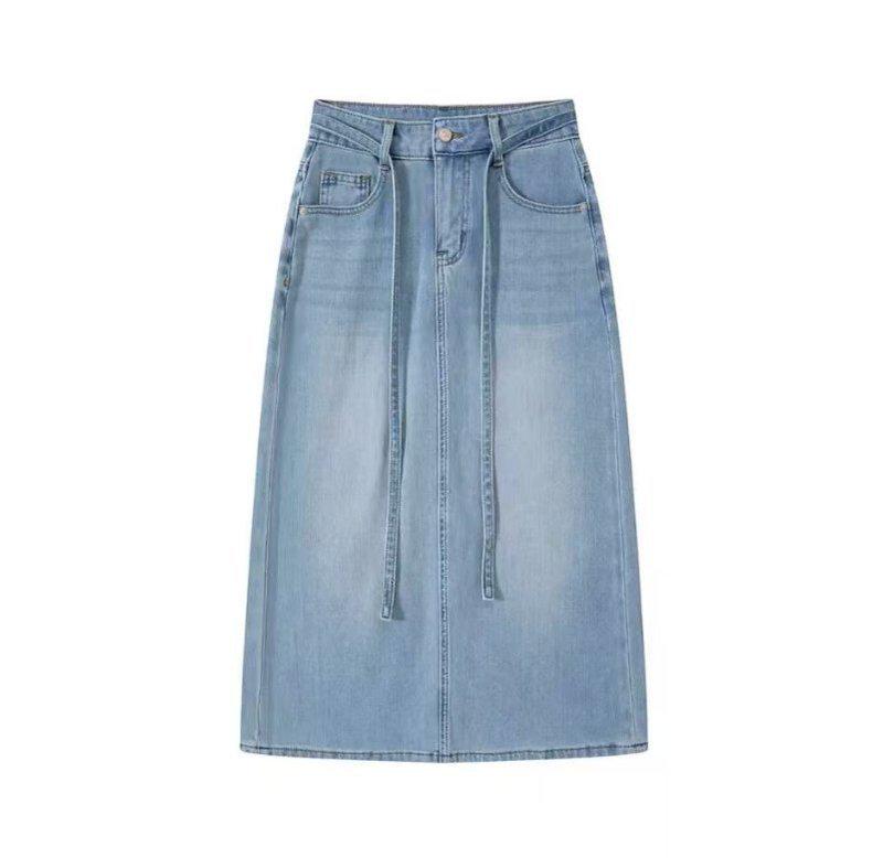 Hong Kong Style Tencel Stretch Back-Slit Denim Midi Skirt - High-Waisted, Tie-Up, Slimming & Versatile for Women (Spring 2026)