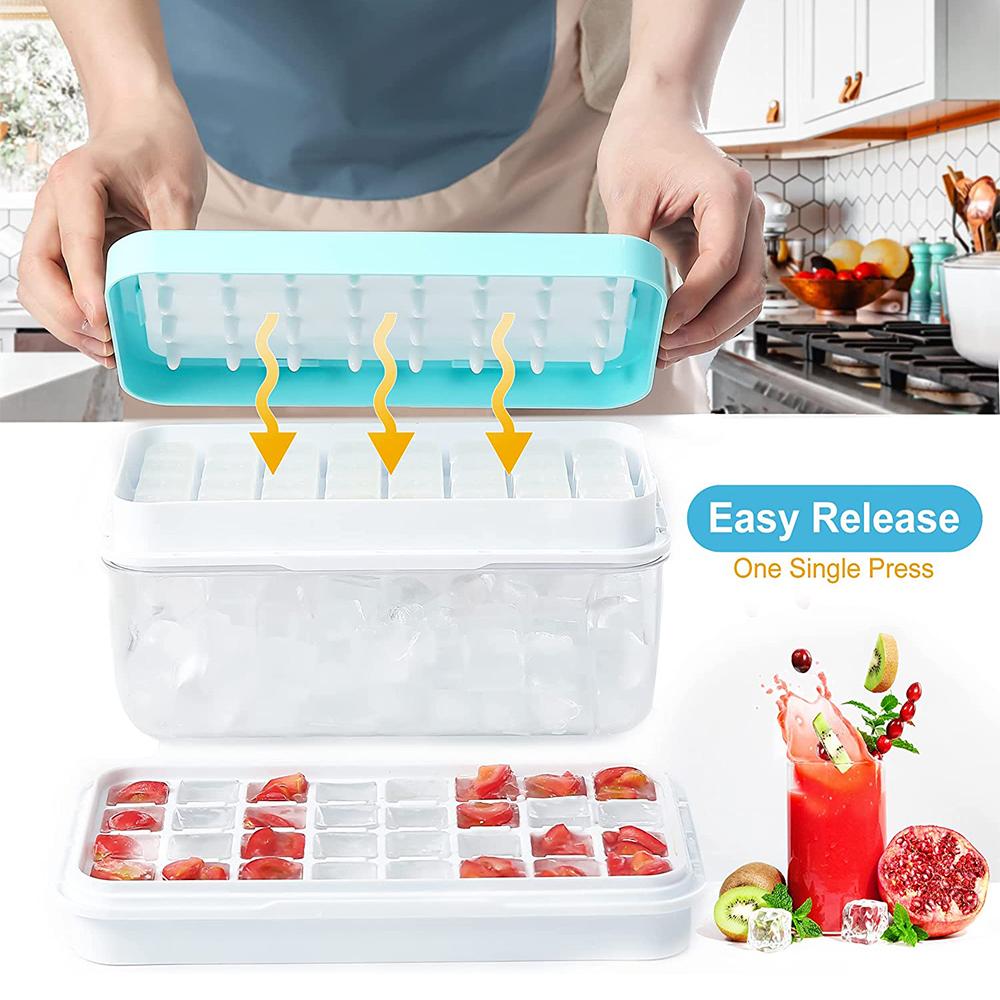 LMETJMA Ice Cube Tray with Stackable 2 Ice Trays Silicone Ice Cube Molds with Storage Bin For Freezer 64 Nuggets JTX478