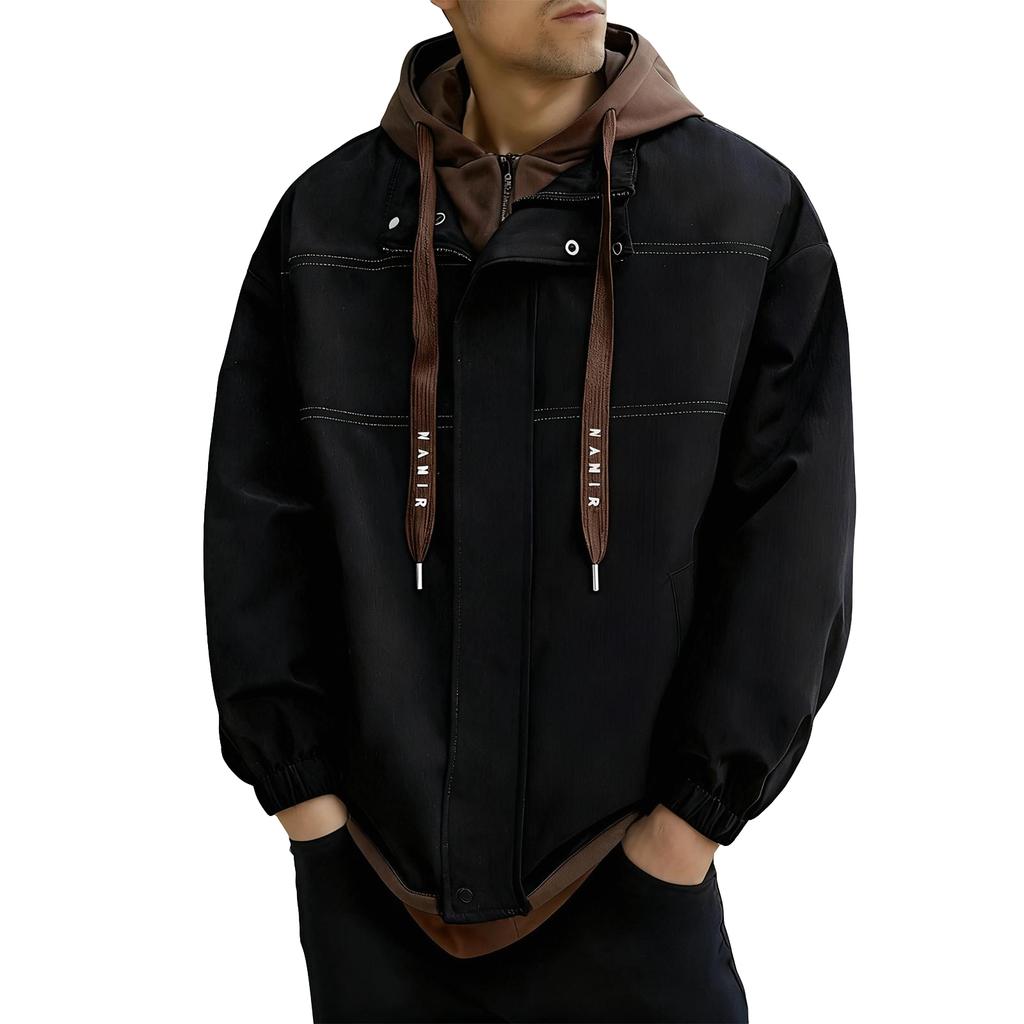 Mens Fake Two Pieces Windbreaker Spring And Fall Color Block Coat Lightweight Jacket With Hood