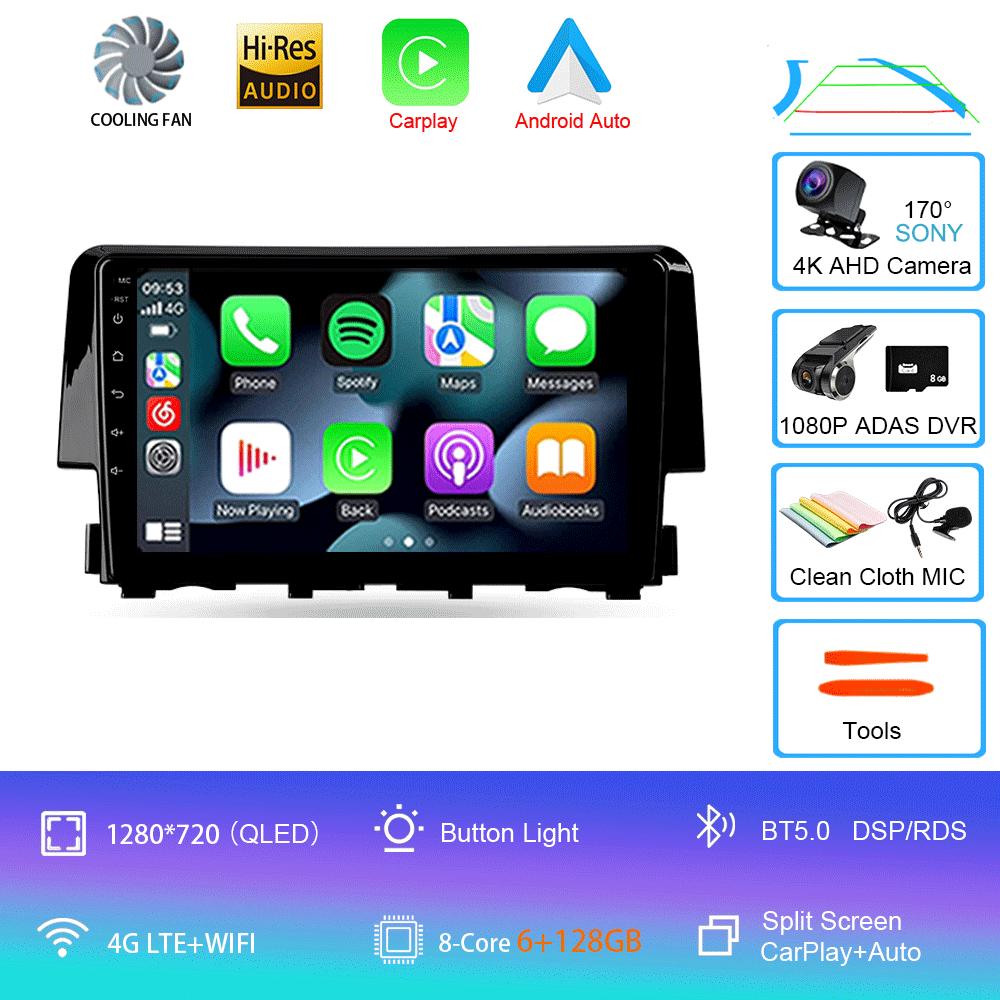 Android 14 Car Radio Carplay Auto For Honda Civic 2016 2017 2018 - 2021 GPS Multimedia WIFI+4G Head Unit BT Player Stereo Video