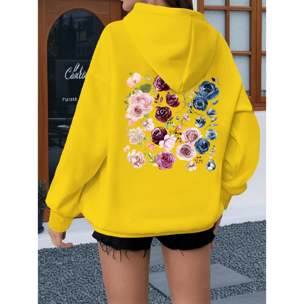 Watercolor Rose Print Women Hoody Vintage Loose Bohemia Wildflower Sweatshirt Long Sleeve Boho Plant Theme Female Hoodies