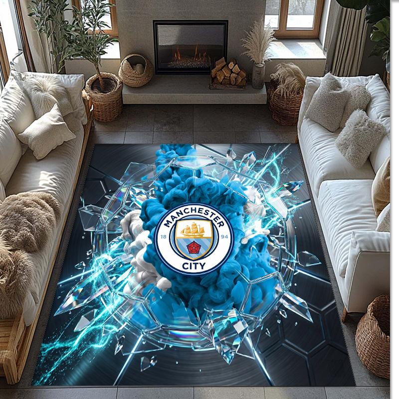 Manchester City Printed Flannel Area Rug Non Slip Soft Polyester Floor Carpet Indoor Decor Mat for Bedroom Living Room Sofa