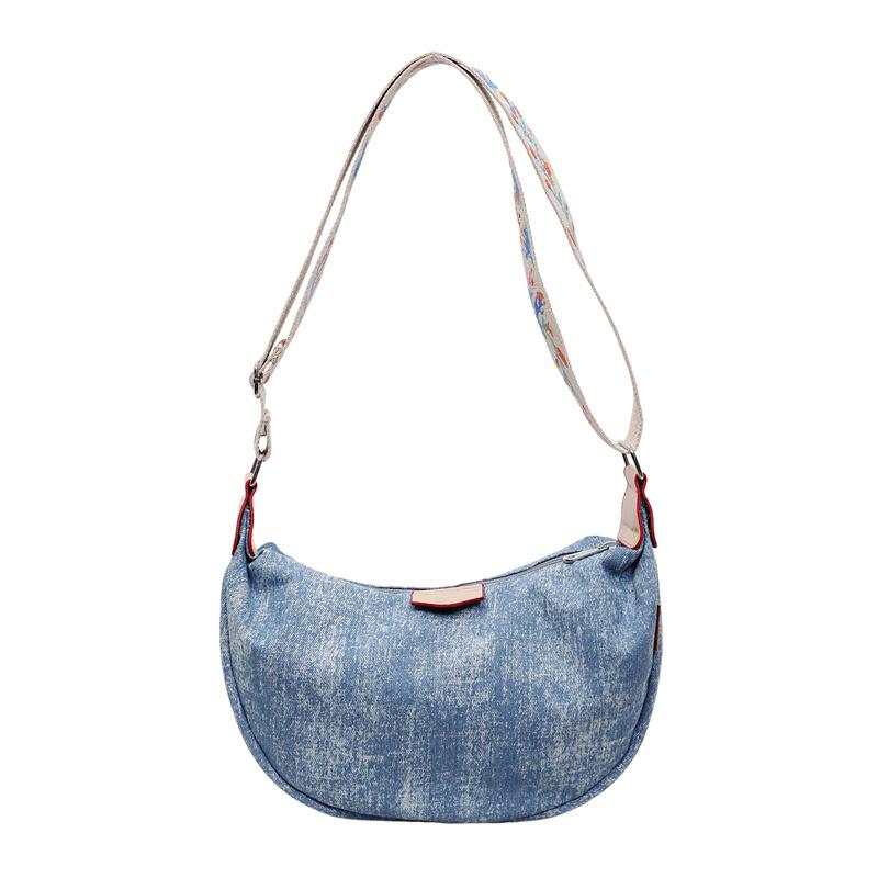 Denim Moon Bag with Colorful Strap Women's Crossbody Bag Fashionable Shoulder Bag Casual Daily Use Design