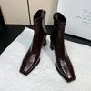 Temperament square head thick heel high heel elastic thin boots side zipper autumn and winter niche thick heel short boots women