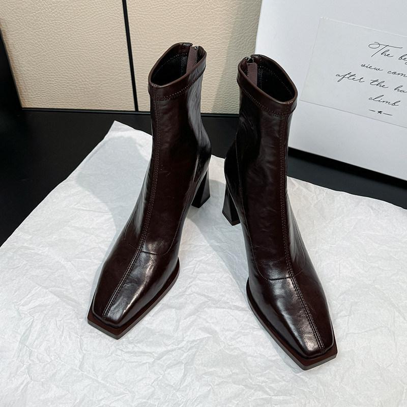 Temperament square head thick heel high heel elastic thin boots side zipper autumn and winter niche thick heel short boots women