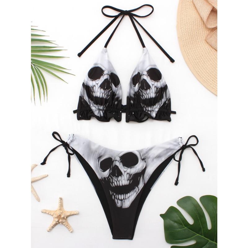Zebra Streep Driehoek Bikini Set Knoopsluiting Hoge Uitsnijding Twee Delig Zwempak