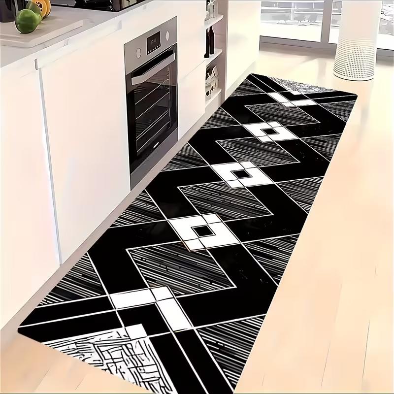 Black White Geometric Runner Rug Line Pattern Interlaced Design Hallway Carpet Modern Trendy Non-Slip Long Floor Mat for Bedroom