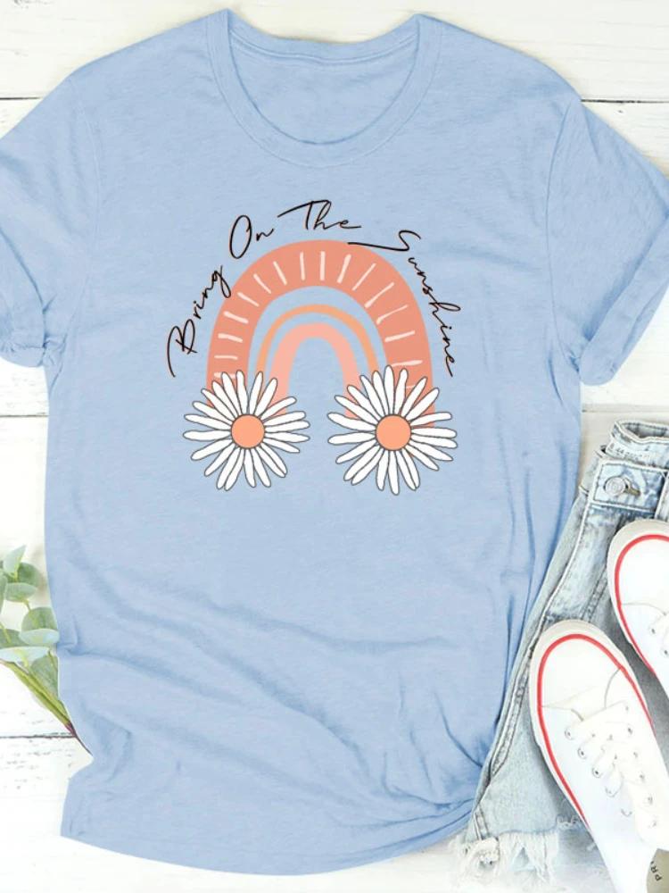 

Женская футболка с принтом «Мост Радуги с ромашками», с коротким рукавом, с круглым вырезом, свободная, женская футболка, женская футболка, топы, camisetas mujer XXXL небесно-голубой