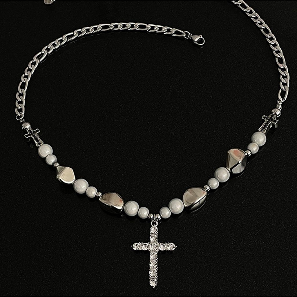 Cross Pendant Necklace Reflective Pearl Choker Chain Clavicle Chain Necklace