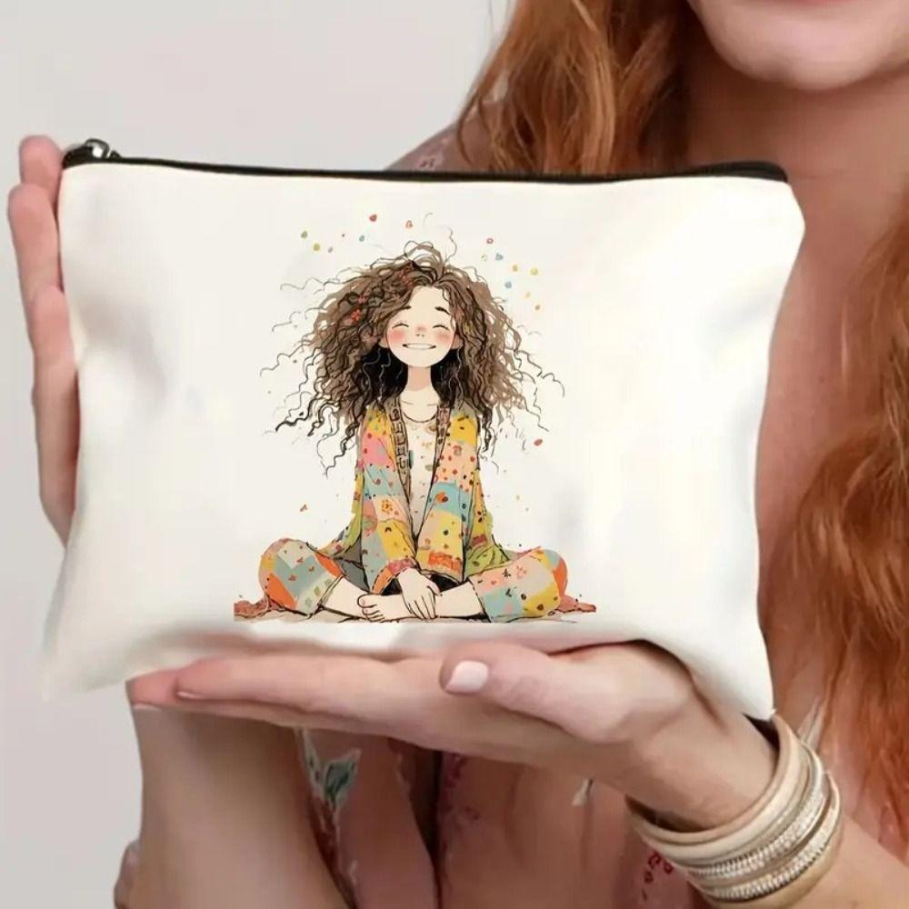 Durable Vintage Style Makeup Bag Cute Girl Pattern Foldable Storage Bag Lightweight Zipper Toiletry Bag Travel