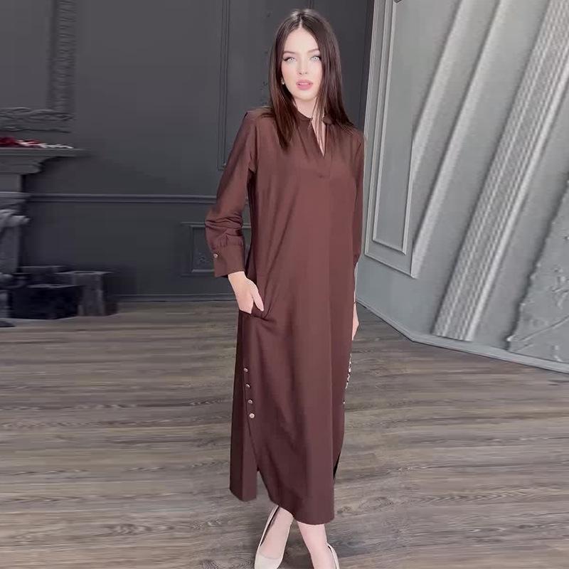 

2024 Осеннее женское однотонное платье с V-образным вырезом и длинными рукавами, приталенное XXXL каштановый