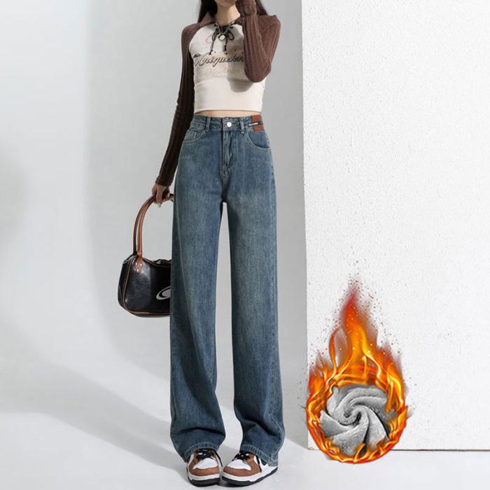 

High-Waisted Leather Patch Wide-Leg Fleece-Lined Denim Pants for Women - 2026 Winter Style, Slimming and Warm Floor-Length Design. 2XL