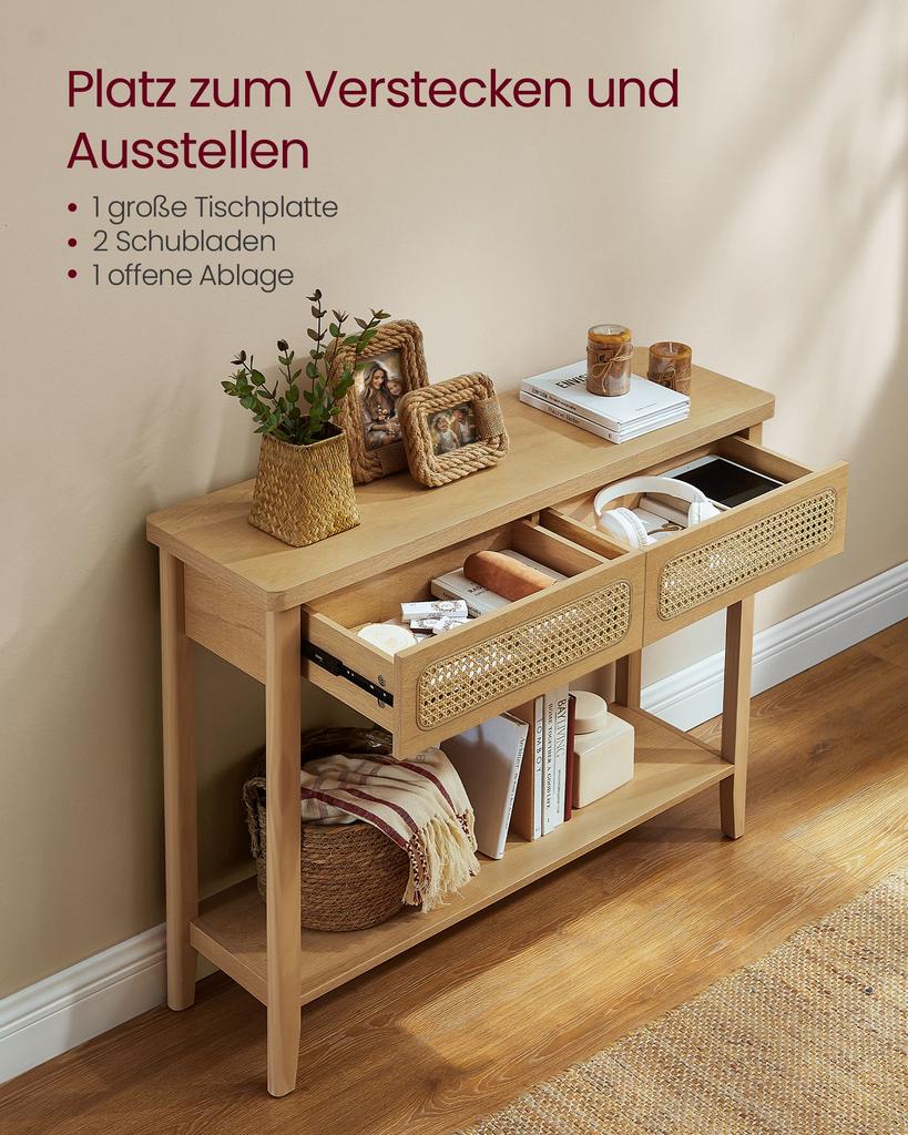 VASAGLE Console Table for Hallway, Slim Sofa Table for Living Room, Hallway Table with 2 Drawers, Open Shelf, Rounded Corners, Boho Style, Oak Beige