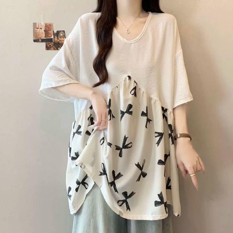 

Splicing Design Women s T-shirt Loose V-neck Bow Print Pattern Famale Short Sleeved T-shirts Summer Daily Comfortable Ladies Pullover Top XXL білий