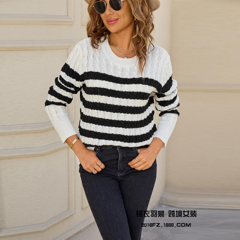 Ny Höst- och Vintertröja Färgblockering Långärmad Randig Bekväm Rundhalsad Tröja Tröja Damtopp