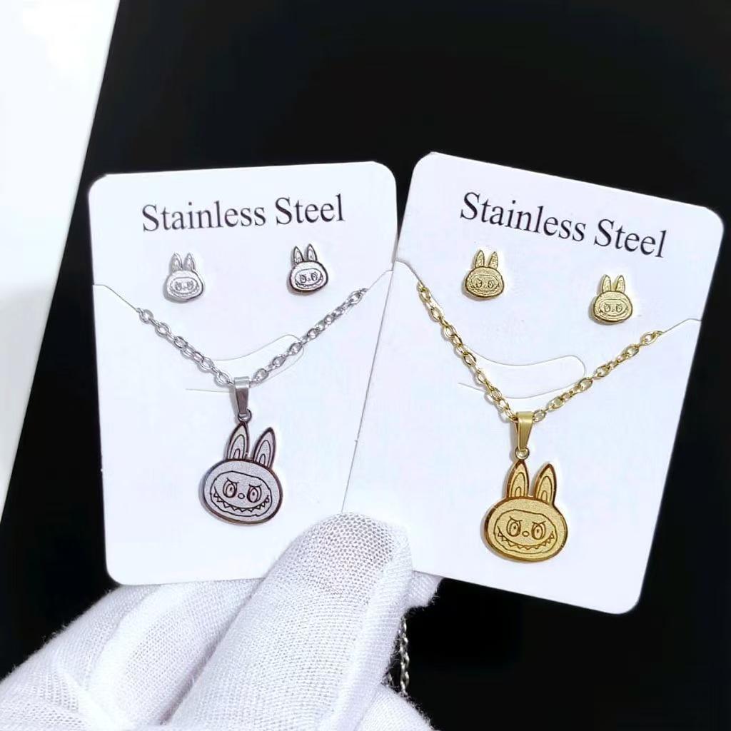 Korean-Style Sweet Cute Fabric Necklace & Titanium Steel Earrings Set