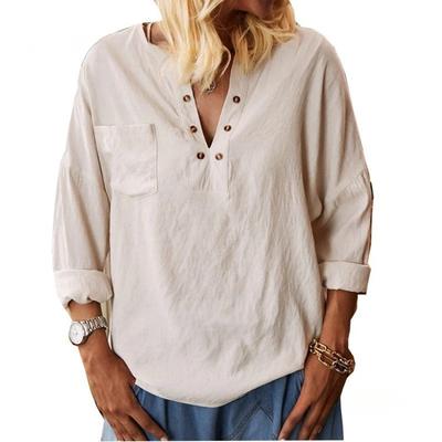 Spring and Summer V-neck Cotton and Linen Shirt Solid Color Long-sleeved Shirt Women's Top