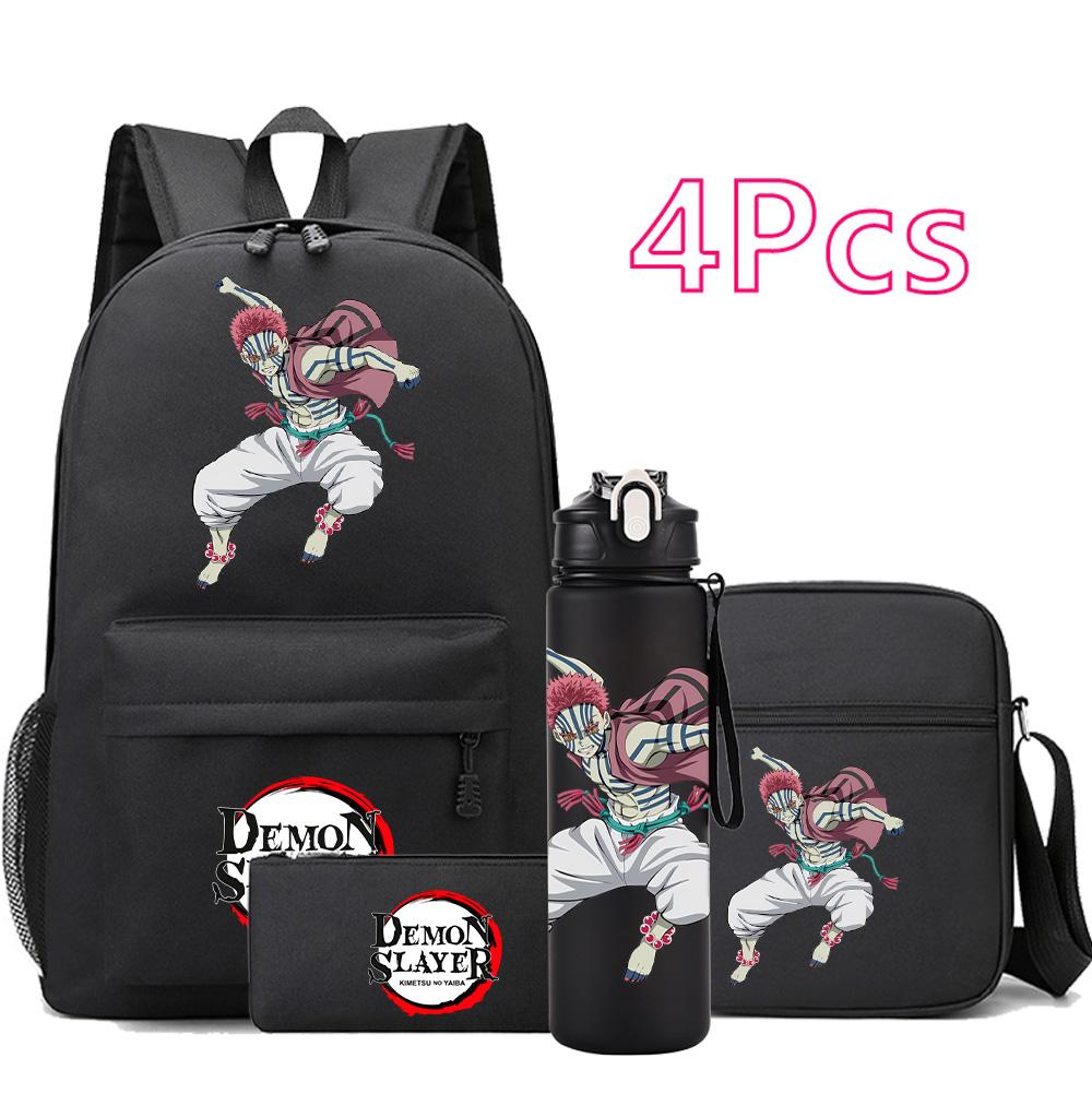 4 st/set Anime Demon Slayer Tryckt Ryggsäck Skolväska Axelväska Fodralväska med 750 ml Vattenflaska Pojke Flicka Stor Kapacitet Vattentät Skolväska