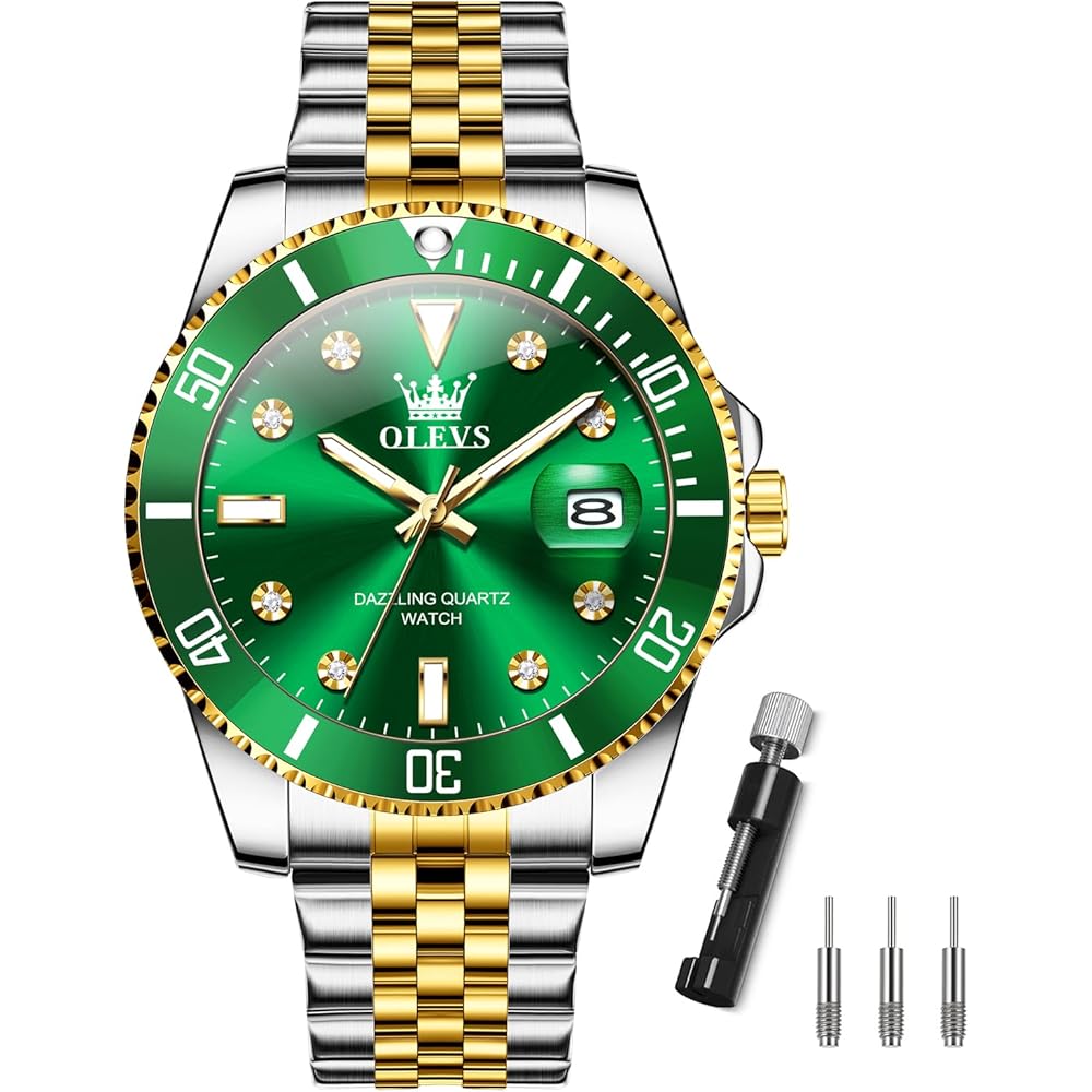 OLEVS Men s Quartz Analog Watch Waterproof Gold Silver Stainless Steel Band Green Large Dial Business Watch