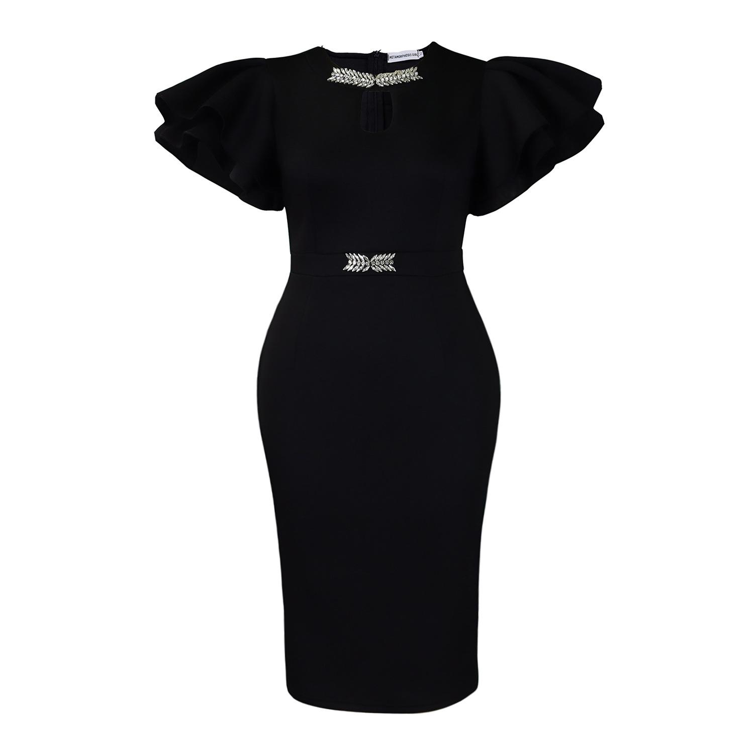 

Summer round neck lotus leaf sleeve nail drill hip dress party banquet hollow dress dress XXXL чорний