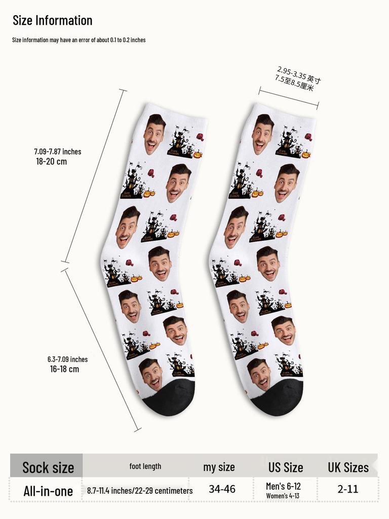 Meias Personalizadas com Impressão 3D: Desenhos de Rosto e Natal, Poliéster, Estampa 360°