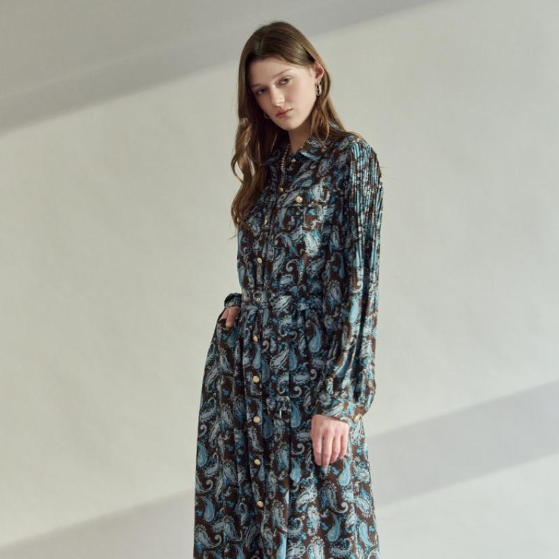 Maxza Paisley Pleats Balloon Sleeve Long Dress