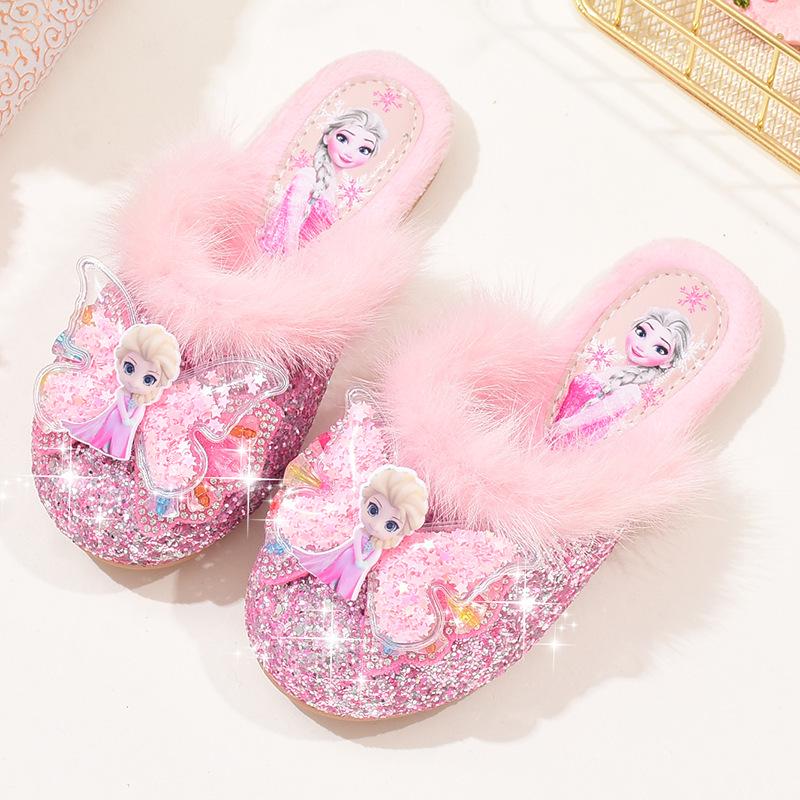 Pluszowe kapcie księżniczki Elsy dla dziewczynek - Urocze bawełniane kapcie z postaciami z kreskówek na jesień/zimę