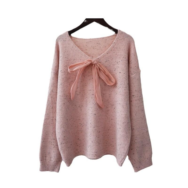 Autumn and Winter New Color Dot Lace-up Bow Knitted Sweater Top Loose Soft Waxy Gentle Wind Sweater Pullover Woman
