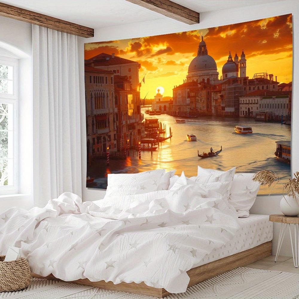 Golden Venice Landscape Tapestry, Canal Gondola Sunset European Architecture Wall Cloth, Soft Backdrop For Bedroom Home Space