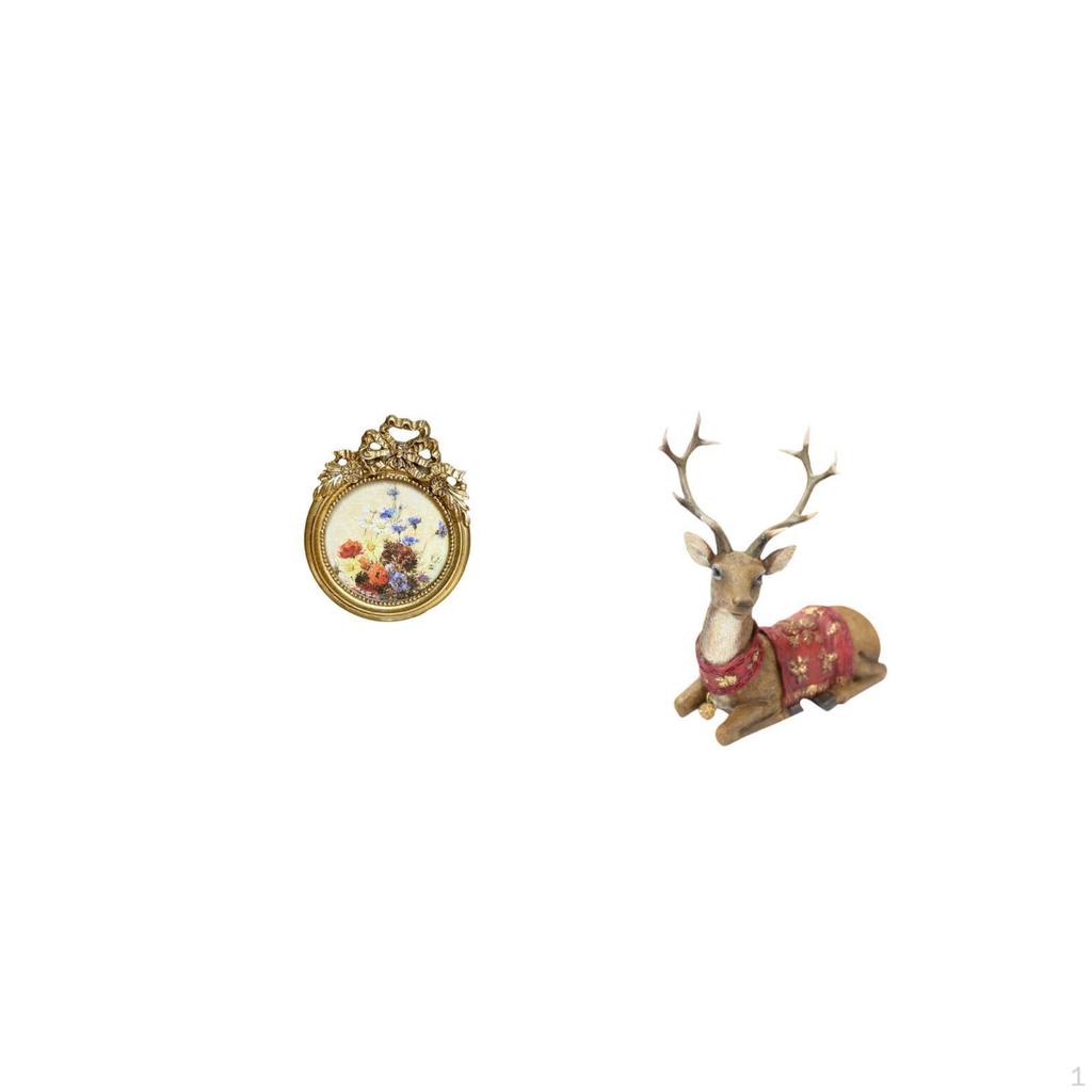 Antique Reindeer Photo Frame Vintage Elk Picture Round 3x3 Inch Ornate European Desktop And