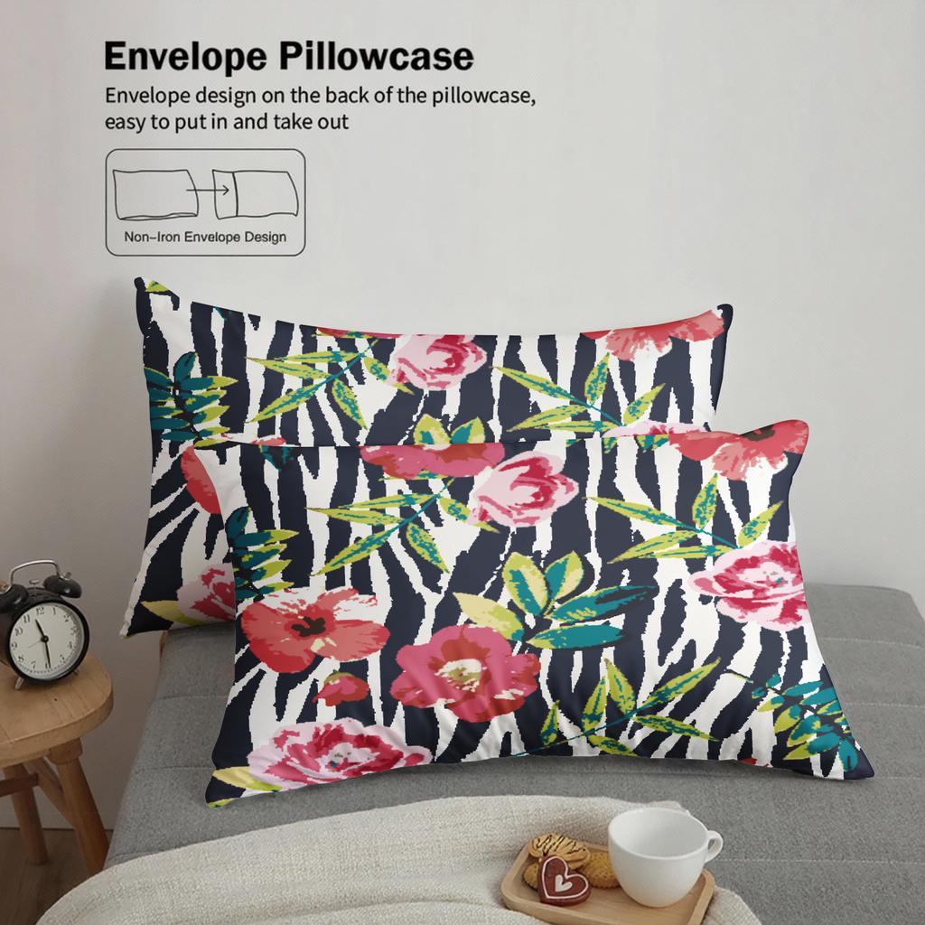 3pcs Floral Zebra Stripe Bedding Sets Modern Style Watercolor Printed Soft Twin Queen King Size Duvet Cover With 2 Pillowcases