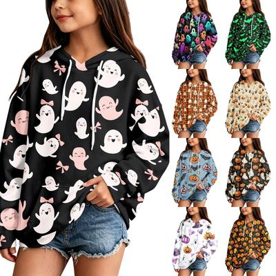 Kids Casual Hooded Sweatshirt with Halloween Print Pullover for Daily Wear
