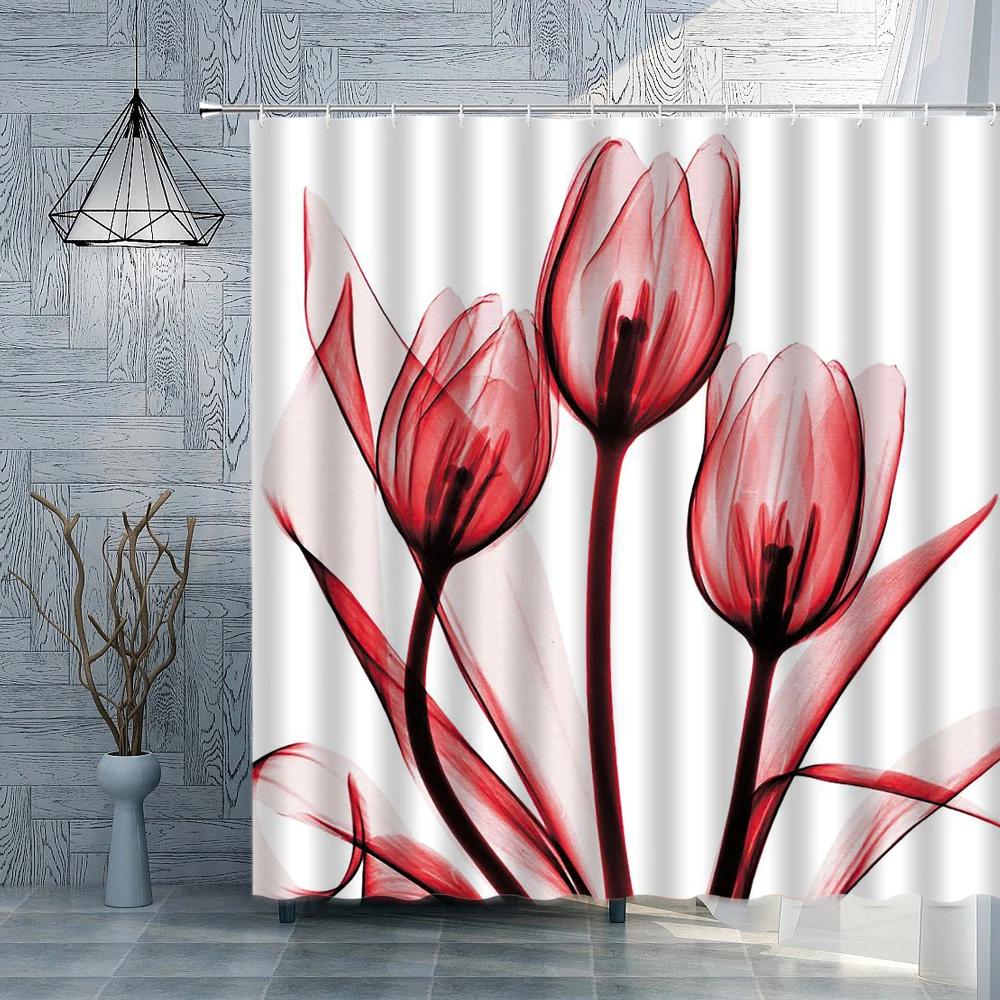 Flower Plant Shower Curtain Modern Simple Water Color Print Pattern Bathroom Curtains Polyester Fabric Home Bath Decor With Hook
