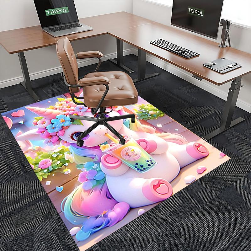 1pc Anime Unicorn Flower Crown Chair Mat - Office Desk Pad with Bubble Tea Design, Non-Slip Carpet for Home Decor, Suitable for All Seasons, Perfect G